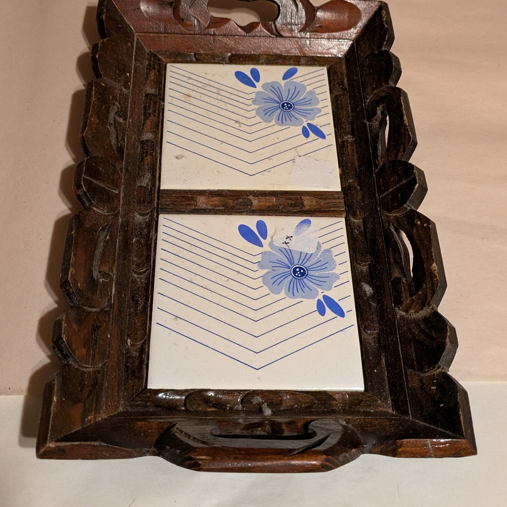 Wooden Tray with Blue Floral Tiles